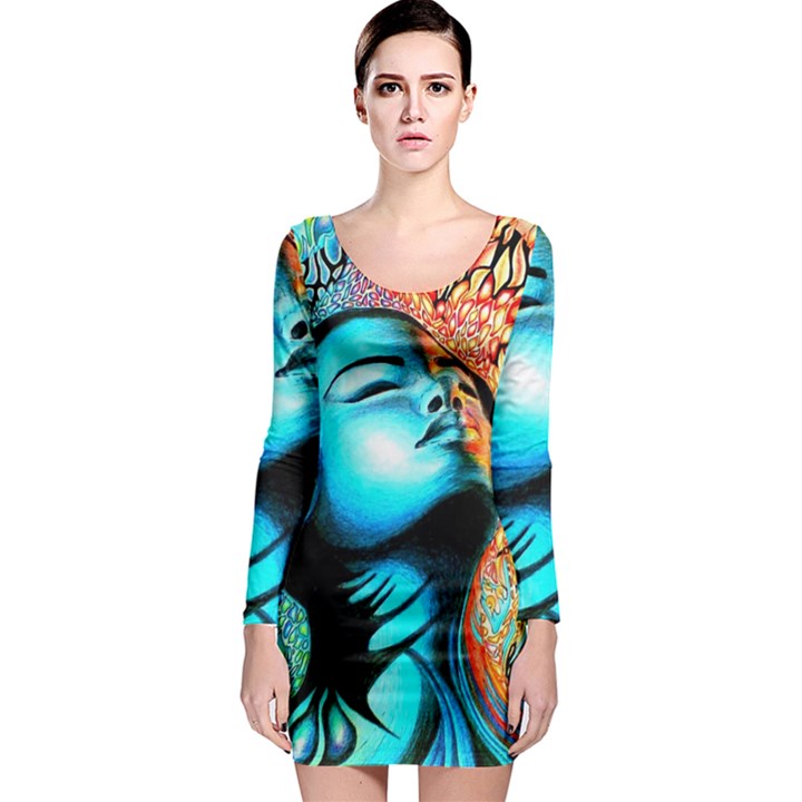 Color Detail Dream Fantasy Neon Psychedelic Teaser Long Sleeve Bodycon Dress