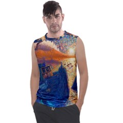 Digital Art Fantasy Impressionism Painting Ship Boat Psychedelic Peacock Mushroom Flamingos Hipwreck Men s Regular Tank Top