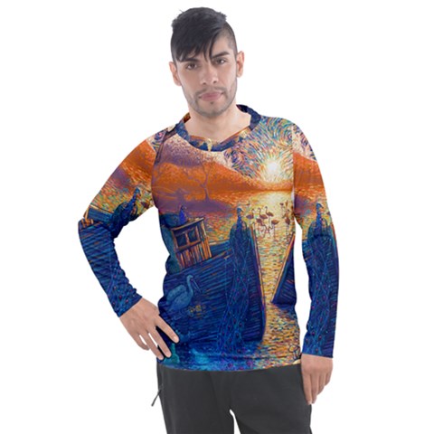 Digital Art Fantasy Impressionism Painting Ship Boat Psychedelic Peacock Mushroom Flamingos Hipwreck Men s Pique Long Sleeve T-shirt by Sarkoni