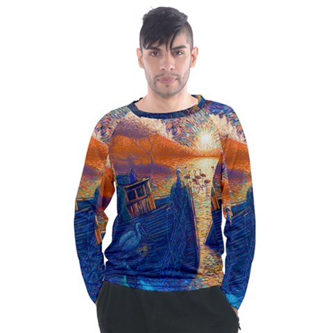 Digital Art Fantasy Impressionism Painting Ship Boat Psychedelic Peacock Mushroom Flamingos Hipwreck Men s Long Sleeve Raglan T-shirt by Sarkoni