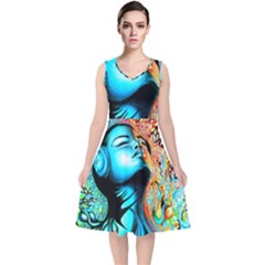 Color Detail Dream Fantasy Neon Psychedelic Teaser V-neck Midi Sleeveless Dress  by Sarkoni