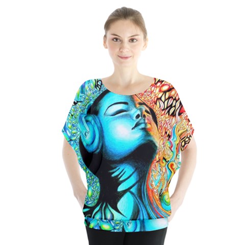 Color Detail Dream Fantasy Neon Psychedelic Teaser Batwing Chiffon Blouse by Sarkoni