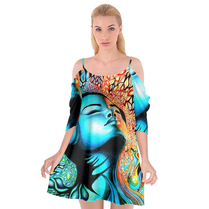 Color Detail Dream Fantasy Neon Psychedelic Teaser Cutout Spaghetti Strap Chiffon Dress