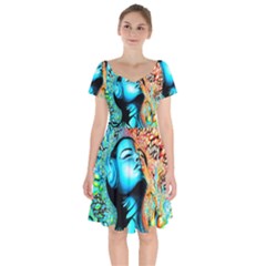 Color Detail Dream Fantasy Neon Psychedelic Teaser Short Sleeve Bardot Dress by Sarkoni