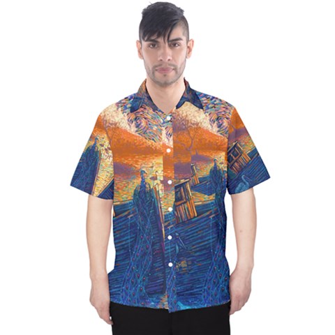 Digital Art Fantasy Impressionism Painting Ship Boat Psychedelic Peacock Mushroom Flamingos Hipwreck Men s Hawaii Shirt by Sarkoni