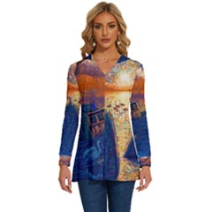 Digital Art Fantasy Impressionism Painting Ship Boat Psychedelic Peacock Mushroom Flamingos Hipwreck Long Sleeve Drawstring Hooded Top by Sarkoni