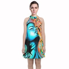 Color Detail Dream Fantasy Neon Psychedelic Teaser Velvet Halter Neckline Dress  by Sarkoni