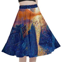 Digital Art Fantasy Impressionism Painting Ship Boat Psychedelic Peacock Mushroom Flamingos Hipwreck A-line Full Circle Midi Skirt With Pocket by Sarkoni