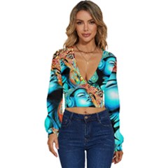 Color Detail Dream Fantasy Neon Psychedelic Teaser Long Sleeve Deep-v Velour Top by Sarkoni