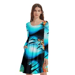 Color Detail Dream Fantasy Neon Psychedelic Teaser Long Sleeve Knee Length Skater Dress With Pockets by Sarkoni