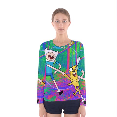 Jake And Finn Adventure Time Landscape Forest Saturation Women s Long Sleeve T-shirt by Sarkoni