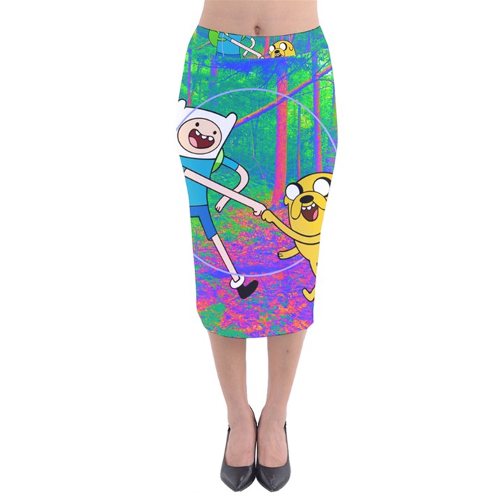 Jake And Finn Adventure Time Landscape Forest Saturation Velvet Midi Pencil Skirt