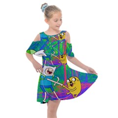 Jake And Finn Adventure Time Landscape Forest Saturation Kids  Shoulder Cutout Chiffon Dress by Sarkoni