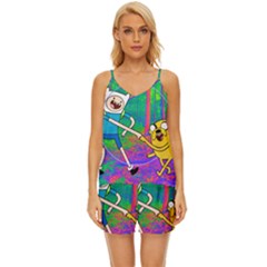 Jake And Finn Adventure Time Landscape Forest Saturation V-neck Satin Pajamas Set by Sarkoni