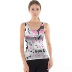 Big Set With Cute Cartoon Animals Bear Panda Bunny Penguin Cat Fox Women s Basic Tank Top by Bedest