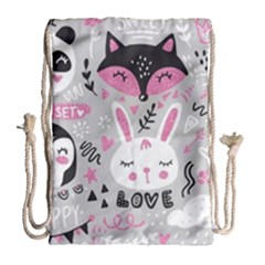 Big Set With Cute Cartoon Animals Bear Panda Bunny Penguin Cat Fox Drawstring Bag (large) by Bedest