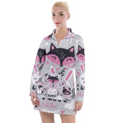 Big Set With Cute Cartoon Animals Bear Panda Bunny Penguin Cat Fox Women s Long Sleeve Casual Dress by Bedest