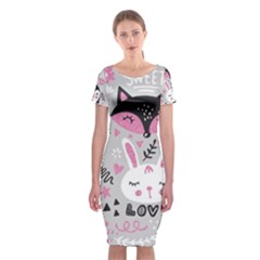 Big Set With Cute Cartoon Animals Bear Panda Bunny Penguin Cat Fox Classic Short Sleeve Midi Dress by Bedest