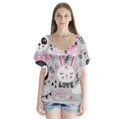 Big Set With Cute Cartoon Animals Bear Panda Bunny Penguin Cat Fox V-neck Flutter Sleeve Top by Bedest