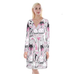 Big Set With Cute Cartoon Animals Bear Panda Bunny Penguin Cat Fox Long Sleeve Velvet Front Wrap Dress by Bedest