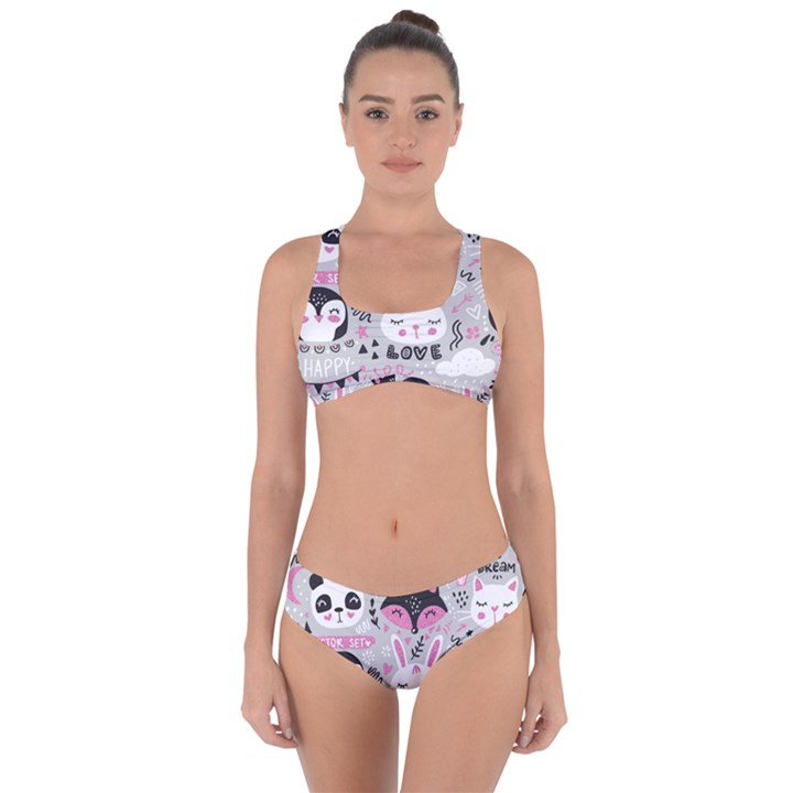 Big Set With Cute Cartoon Animals Bear Panda Bunny Penguin Cat Fox Criss Cross Bikini Set