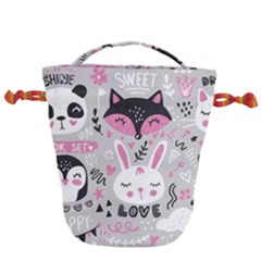 Big Set With Cute Cartoon Animals Bear Panda Bunny Penguin Cat Fox Drawstring Bucket Bag by Bedest