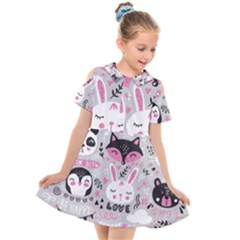 Big Set With Cute Cartoon Animals Bear Panda Bunny Penguin Cat Fox Kids  Short Sleeve Shirt Dress by Bedest