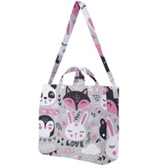 Big Set With Cute Cartoon Animals Bear Panda Bunny Penguin Cat Fox Square Shoulder Tote Bag by Bedest