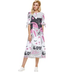 Big Set With Cute Cartoon Animals Bear Panda Bunny Penguin Cat Fox Bow Sleeve Chiffon Midi Dress by Bedest