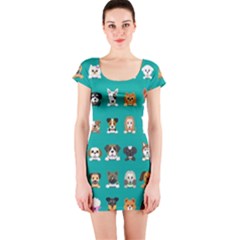 Different Type Vector Cartoon Dog Faces Short Sleeve Bodycon Dress by Bedest