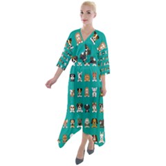 Different Type Vector Cartoon Dog Faces Quarter Sleeve Wrap Front Maxi Dress by Bedest