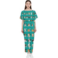 Different Type Vector Cartoon Dog Faces Batwing Lightweight Chiffon Jumpsuit by Bedest