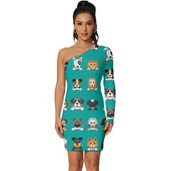 Different Type Vector Cartoon Dog Faces Long Sleeve One Shoulder Mini Dress by Bedest