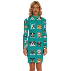 Different Type Vector Cartoon Dog Faces Long Sleeve Shirt Collar Bodycon Dress by Bedest