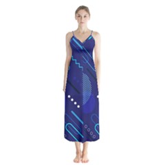 Classic Blue Background Abstract Style Button Up Chiffon Maxi Dress by Bedest