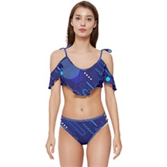 Classic Blue Background Abstract Style Ruffle Edge Tie Up Bikini Set	 by Bedest