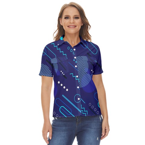 Classic Blue Background Abstract Style Women s Short Sleeve Double Pocket Shirt by Bedest