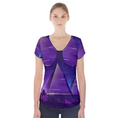 Egyptian Pyramids Night Landscape Cartoon Short Sleeve Front Detail Top by Bedest