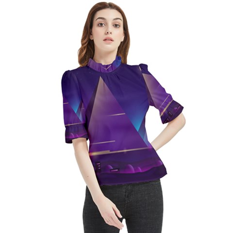 Egyptian Pyramids Night Landscape Cartoon Frill Neck Blouse by Bedest