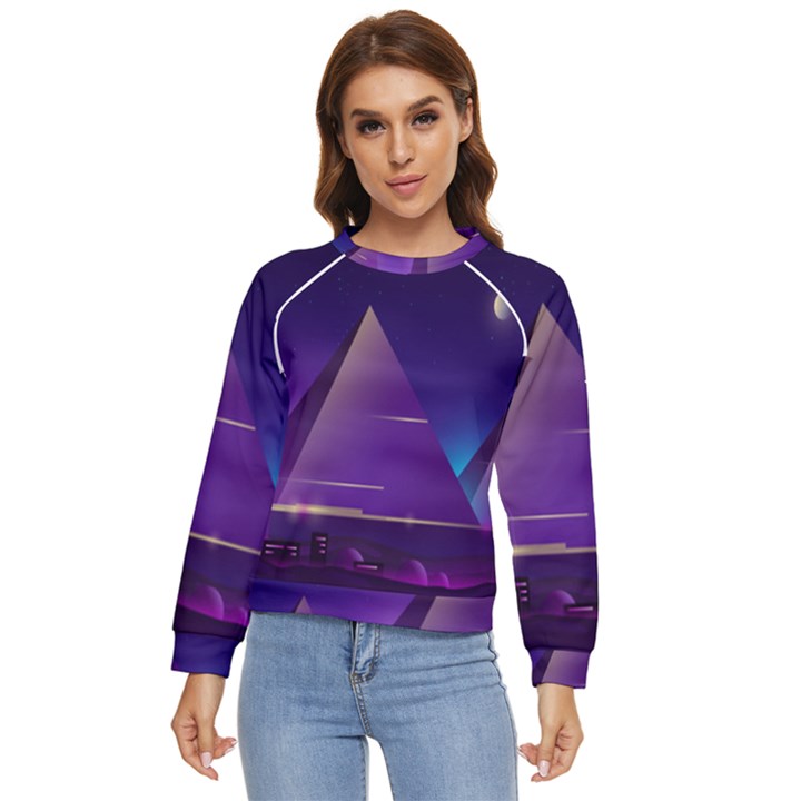 Egyptian Pyramids Night Landscape Cartoon Women s Long Sleeve Raglan T-Shirt