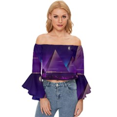 Egyptian Pyramids Night Landscape Cartoon Off Shoulder Flutter Bell Sleeve Top by Bedest