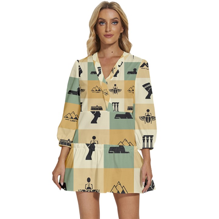 Egyptian Flat Style Icons V-Neck Placket Mini Dress