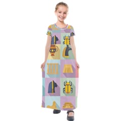 Egypt Icons Set Flat Style Kids  Short Sleeve Maxi Dress by Bedest