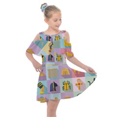 Egypt Icons Set Flat Style Kids  Shoulder Cutout Chiffon Dress by Bedest