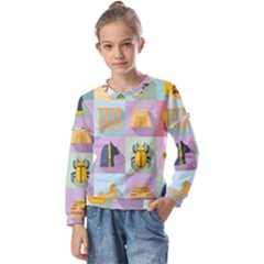 Egypt Icons Set Flat Style Kids  Long Sleeve T-shirt With Frill 