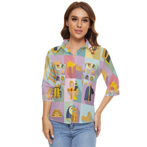 Egypt Icons Set Flat Style Women s Quarter Sleeve Pocket Shirt by Bedest