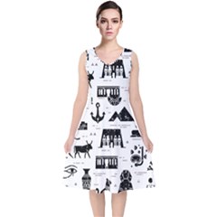 Dark Seamless Pattern Symbols Landmarks Signs Egypt V-neck Midi Sleeveless Dress  by Bedest