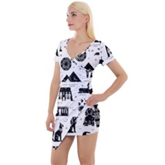 Dark Seamless Pattern Symbols Landmarks Signs Egypt Short Sleeve Asymmetric Mini Dress by Bedest