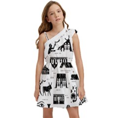 Dark Seamless Pattern Symbols Landmarks Signs Egypt Kids  One Shoulder Party Dress by Bedest