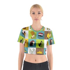 Egypt Travel Items Icons Set Flat Style Cotton Crop Top by Bedest